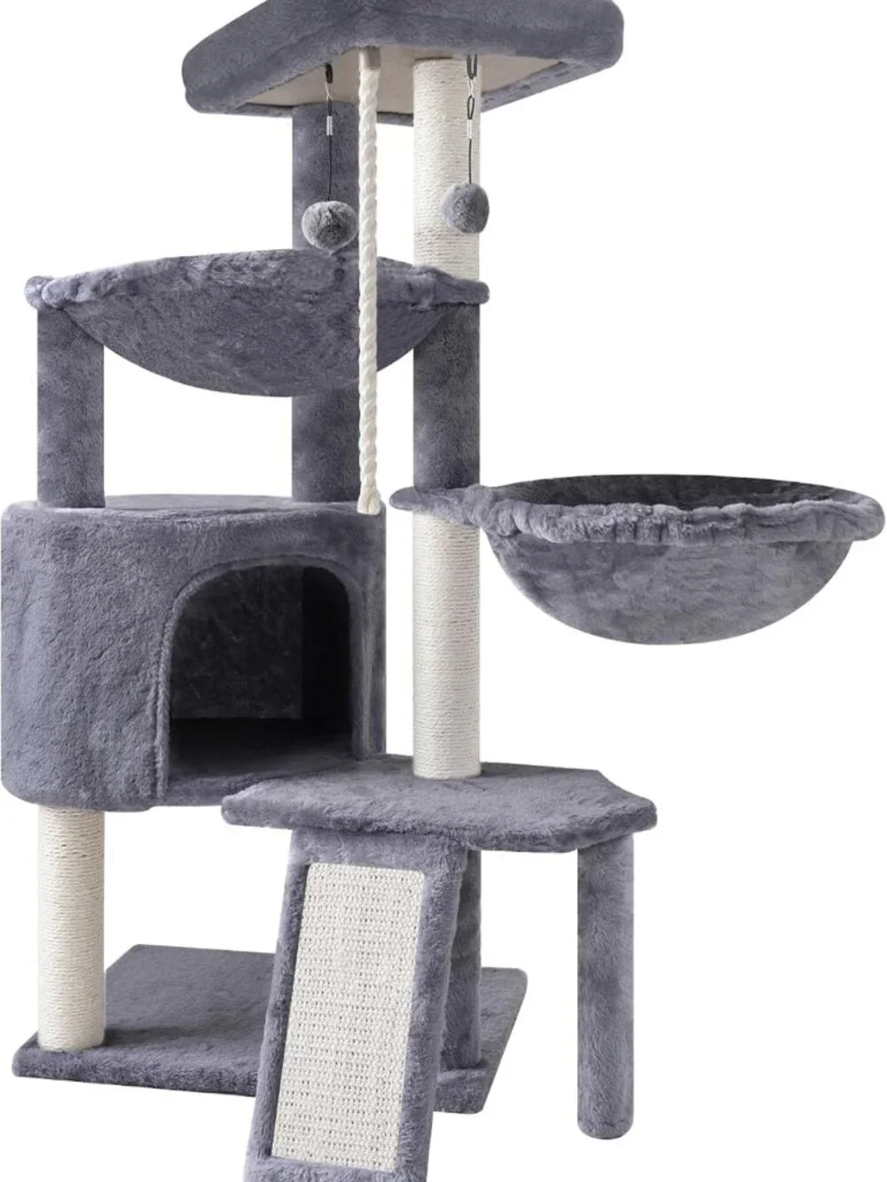 Cozy Three-Tier Cat Tree with Condo & Two Hammocks - Stylish Grey Cat Furniture